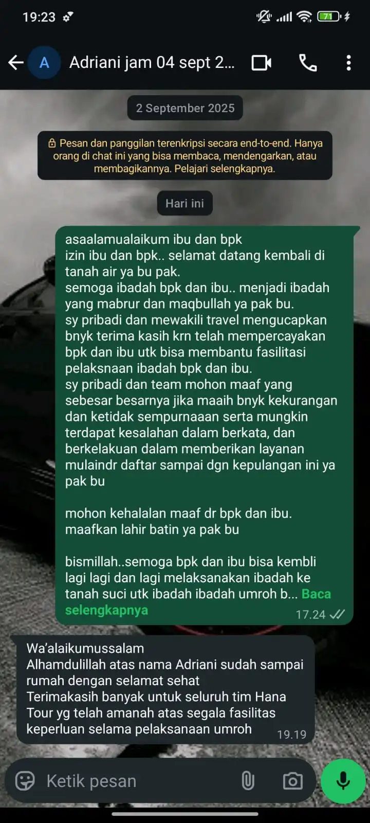 testimoni WA jamaah umroh hana tours