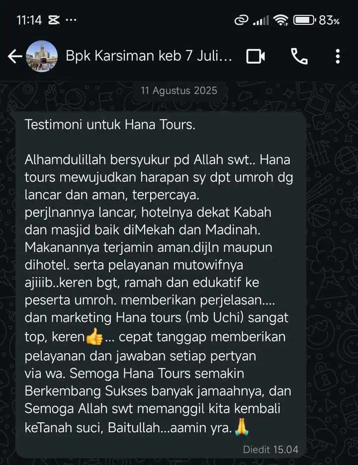testimoni whatsapp jamaah hana tours