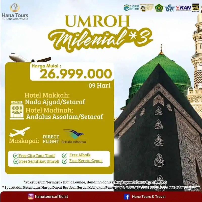 Paket umroh milenial November Rp 26.999.000. 9 hari. Hotel bintang 3. Garuda Indonesia. Bonus City Tour Thaif & Kereta Cepat Haramain!