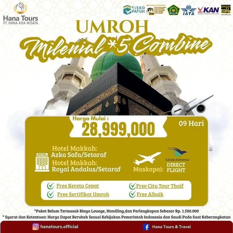 Paket umroh milenial combine November Rp 28.999.000. 9 hari. Hotel bintang 5. Garuda Indonesia. Bonus City Tour Thaif & Kereta Cepat Haramain!