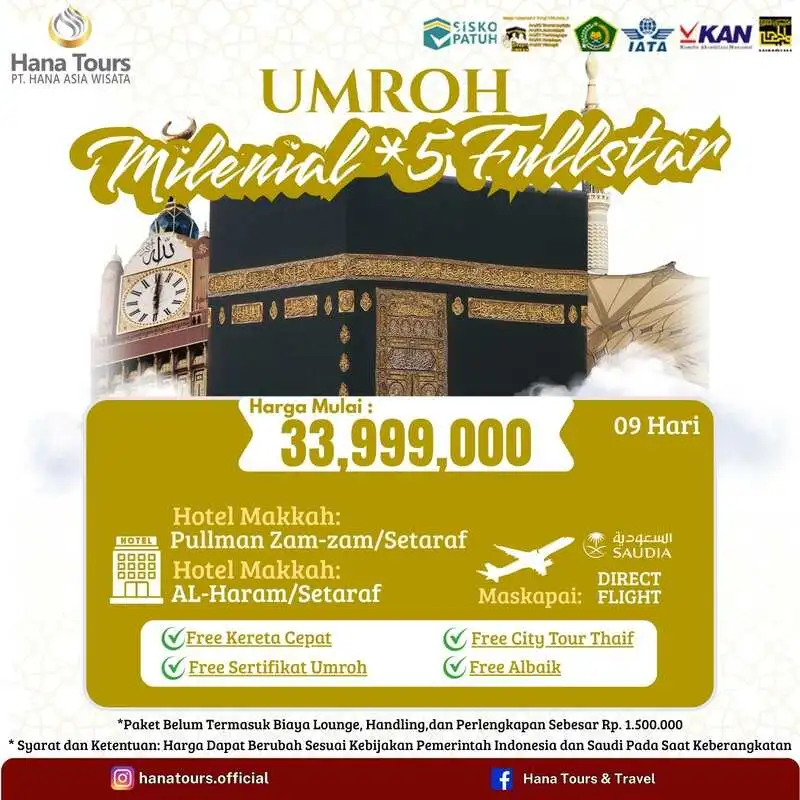 Paket umroh milenial fullstar bulan November Rp 33.999.000. 9 hari. Hotel bintang 5. Saudia Airlines. Bonus City Tour Thaif & Kereta Cepat Haramain!