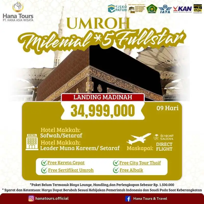 Paket umroh milenial fullstar Rp 34.999.000. Durasi 9 hari. Hotel bintang 5. Penerbangan maskapai Saudia Airlines. Landing di Madinah. Bonus Kereta Cepat Haramain, City Tour Thaif & Ayam Albaik!