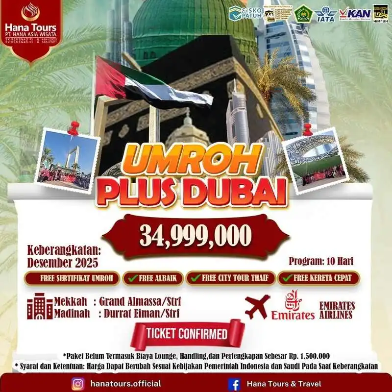 Paket umroh plus Dubai Rp 34.999.000. Durasi 10 hari. Hotel bintang 5. Penerbangan maskapai Emirates. Bonus Kereta Cepat Haramain, City Tour Thaif & Ayam Albaik!