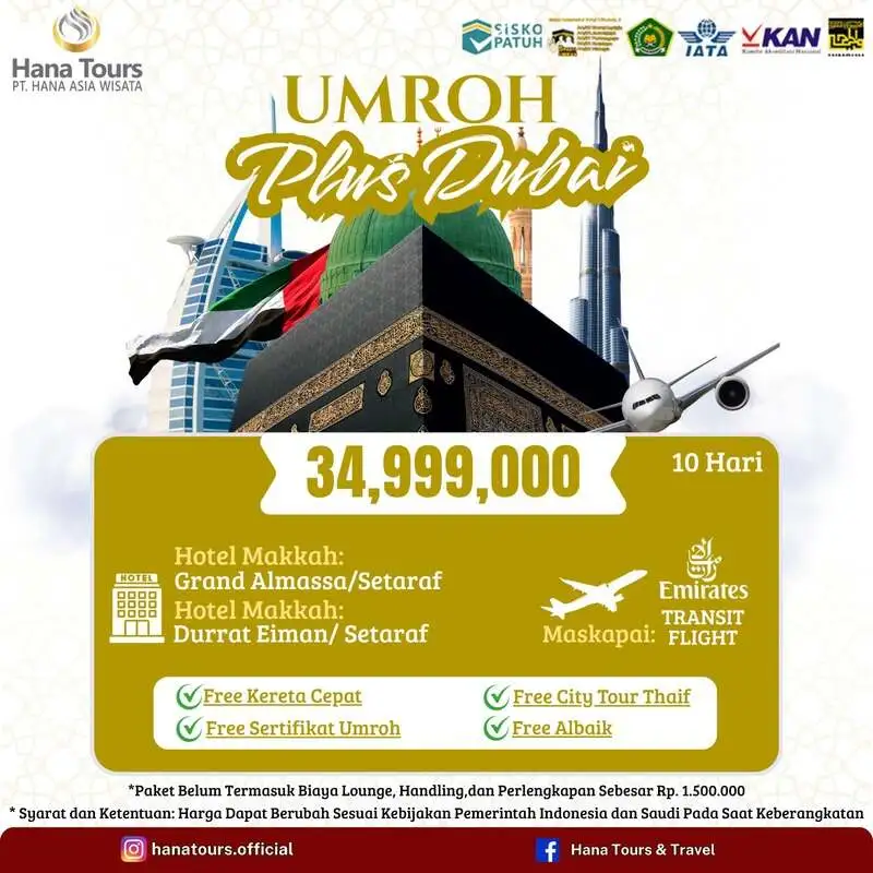 Paket umroh plus Dubai Rp 34.999.000. Durasi 10 hari. Hotel bintang 5. Penerbangan maskapai Emirates. Bonus Kereta Cepat Haramain, City Tour Thaif & Ayam Albaik!