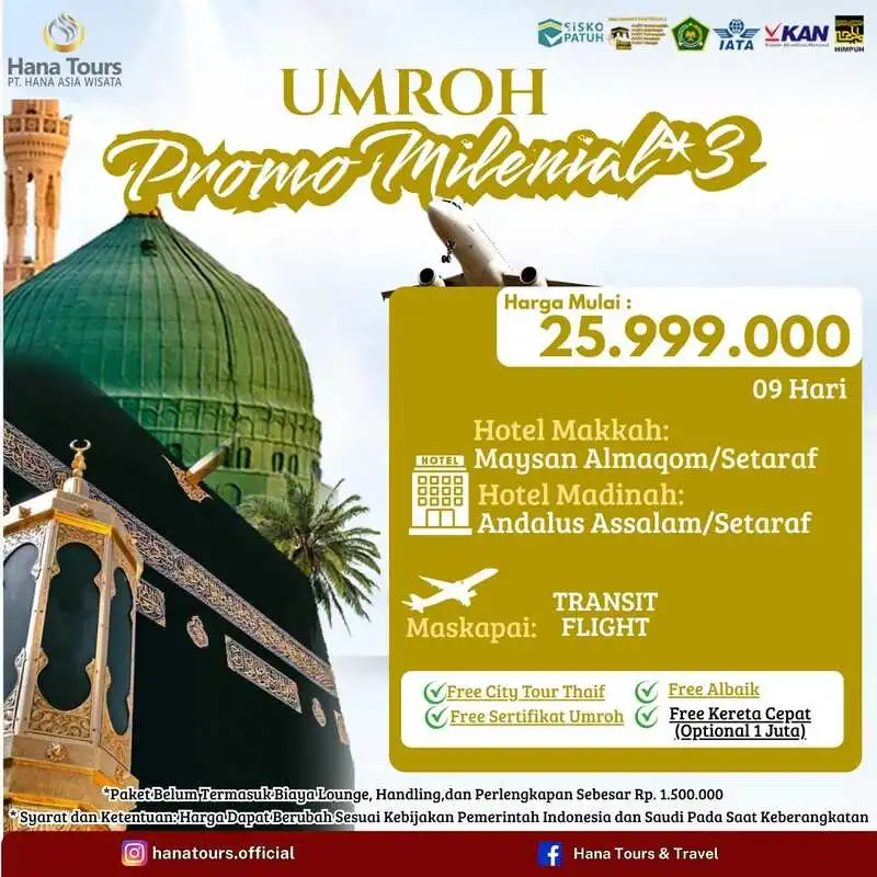 Paket umroh promo milenial November Rp 25.999.000. Durasi 9 hari. Hotel bintang 3. Penerbangan transit. Bonus City Tour Thaif & Ayam Albaik!