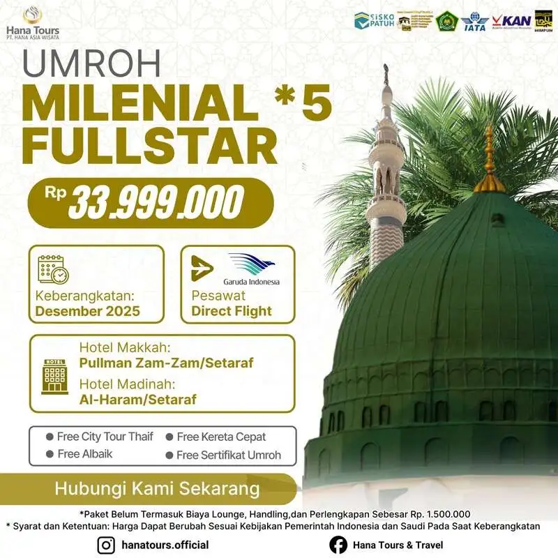 Paket umroh milenial fullstar Desember 2025 Rp 33.999.000. Durasi 9 hari. Hotel bintang 5. Penerbangan maskapai Garuda Indonesia. Bonus Kereta Cepat Haramain, City Tour Thaif & Ayam Albaik!