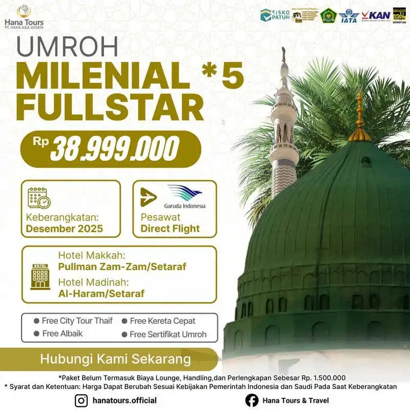 Paket umroh milenial fullstar Desember 2025 Rp 38.999.000. Durasi 9 hari. Hotel bintang 5. Penerbangan maskapai Garuda Indonesia. Bonus Kereta Cepat Haramain, City Tour Thaif & Ayam Albaik!