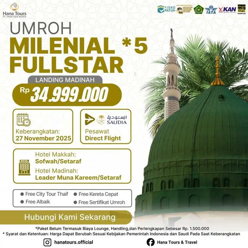 Paket umroh milenial fullstar 27 November 2025 Rp 34.999.000. Durasi 9 hari. Hotel bintang 5. Penerbangan maskapai Saudia Airlines, Landing di Madinah. Bonus Kereta Cepat Haramain, City Tour Thaif & Ayam Albaik!