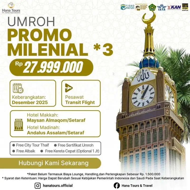 Paket umroh promo milenial Desember Rp 27.999.000. Durasi 9 hari. Hotel bintang 3. Penerbangan transit. Bonus City Tour Thaif & Ayam Albaik!