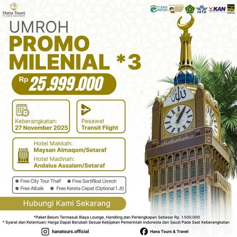 Paket umroh promo milenial 27 November 2025 Rp 25.999.000. Durasi 9 hari. Hotel bintang 3. Penerbangan transit. Bonus City Tour Thaif & Ayam Albaik!