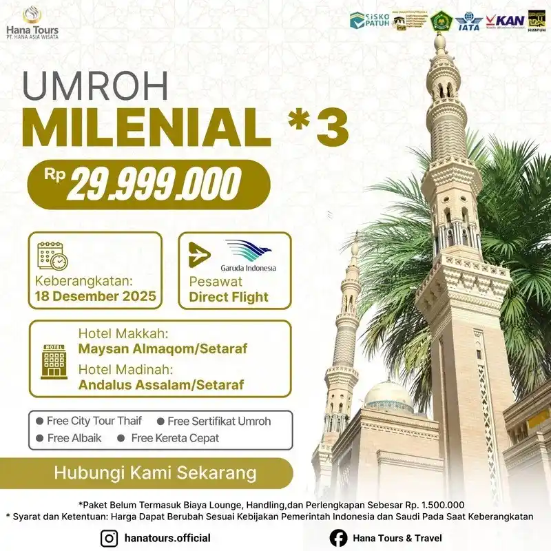 Paket umroh milenial Desember Rp 29.999.000. Durasi 9 hari. Hotel bintang 3 di Maysan Almaqom dan Andalus Assalam. Penerbangan maskapai Garuda Indonesia. Bonus City Tour Thaif, Ayam Albaik & Kereta Cepat!