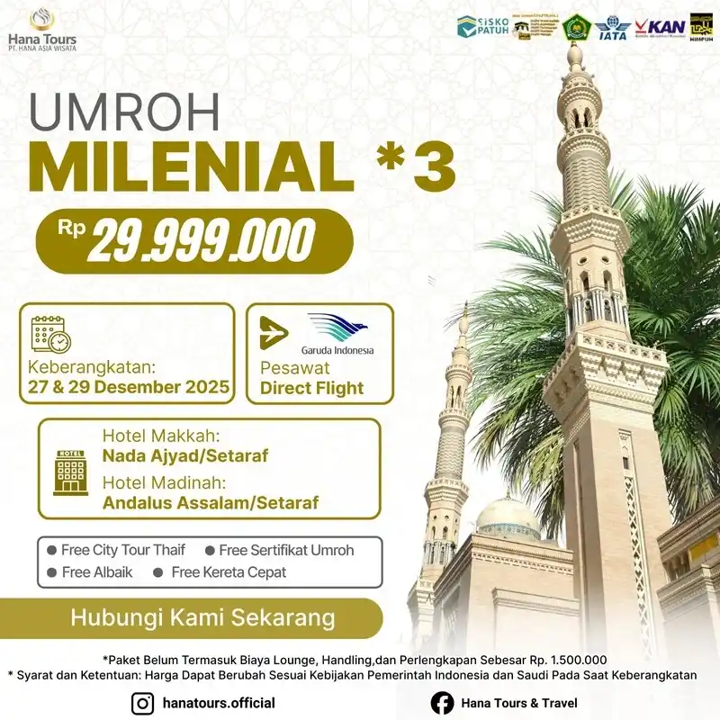 Paket umroh milenial Desember Rp 29.999.000. Durasi 9 hari. Hotel bintang 3 di Nada Ajyad dan Andalus Assalam. Penerbangan maskapai Garuda Indonesia. Bonus City Tour Thaif, Ayam Albaik & Kereta Cepat!