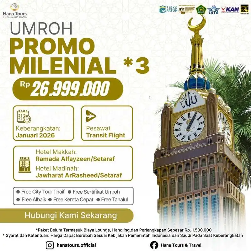 Paket umroh promo milenial Januari 2026 Rp 26.999.000, durasi 9 hari dengan hotel bintang 3, penerbangan transit, bonus City Tour Thaif, Ayam Albaik & Kereta Cepat Haramain.