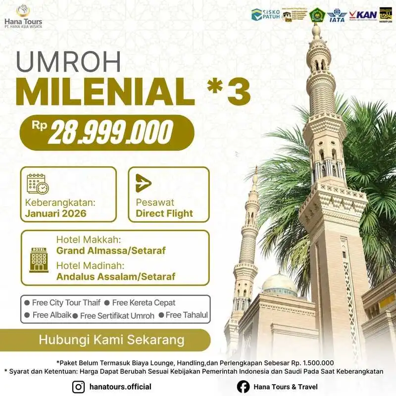Paket umroh milenial Januari 2026 Rp 28.999.000, durasi 9 hari dengan hotel bintang 3/4, penerbangan langsung, bonus City Tour Thaif, Ayam Albaik & Kereta Cepat Haramain.