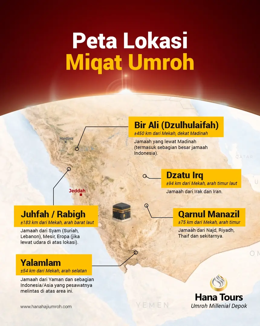 Peta lokasi titik-titik miqat makani di sekitar Mekkah Arab Saudi untuk jemaah dari berbagai negara