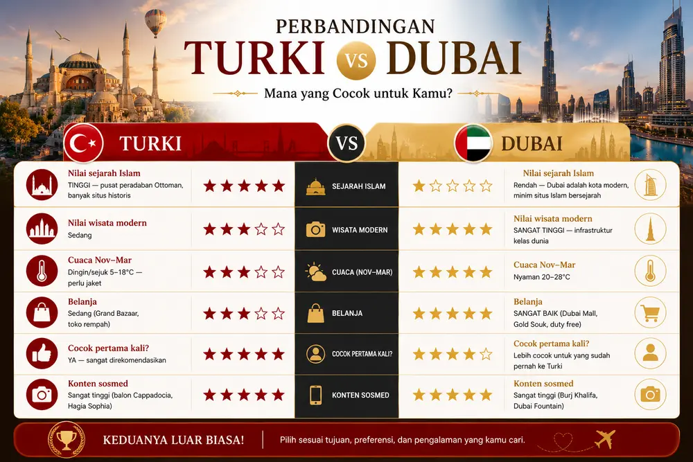Perbandingan umroh plus Turki vs umroh plus Dubai