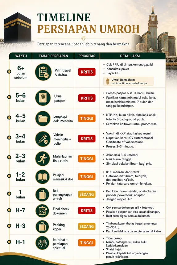 Tabel timeline persiapan umroh selama 6 bulan sebelum berangkat
